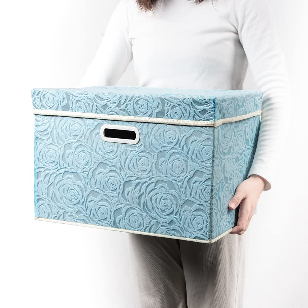 PRANDOM Larger Collapsible Storage Cubes with Lids Fabric Decorative Storage Bins Boxes Organizer Containers Baskets with Cover Handles for Bedroom Closet Living Room Blue 17.7x11.8x11.8 Inch 3 Pack