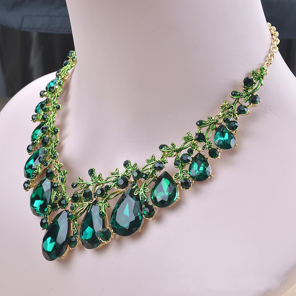Qlavoca Vintage Crystal Teardrop Necklace Earrings Set - Gothic Statement Jewelry for Wedding Bridal Prom Party (Green-Gold Tone)