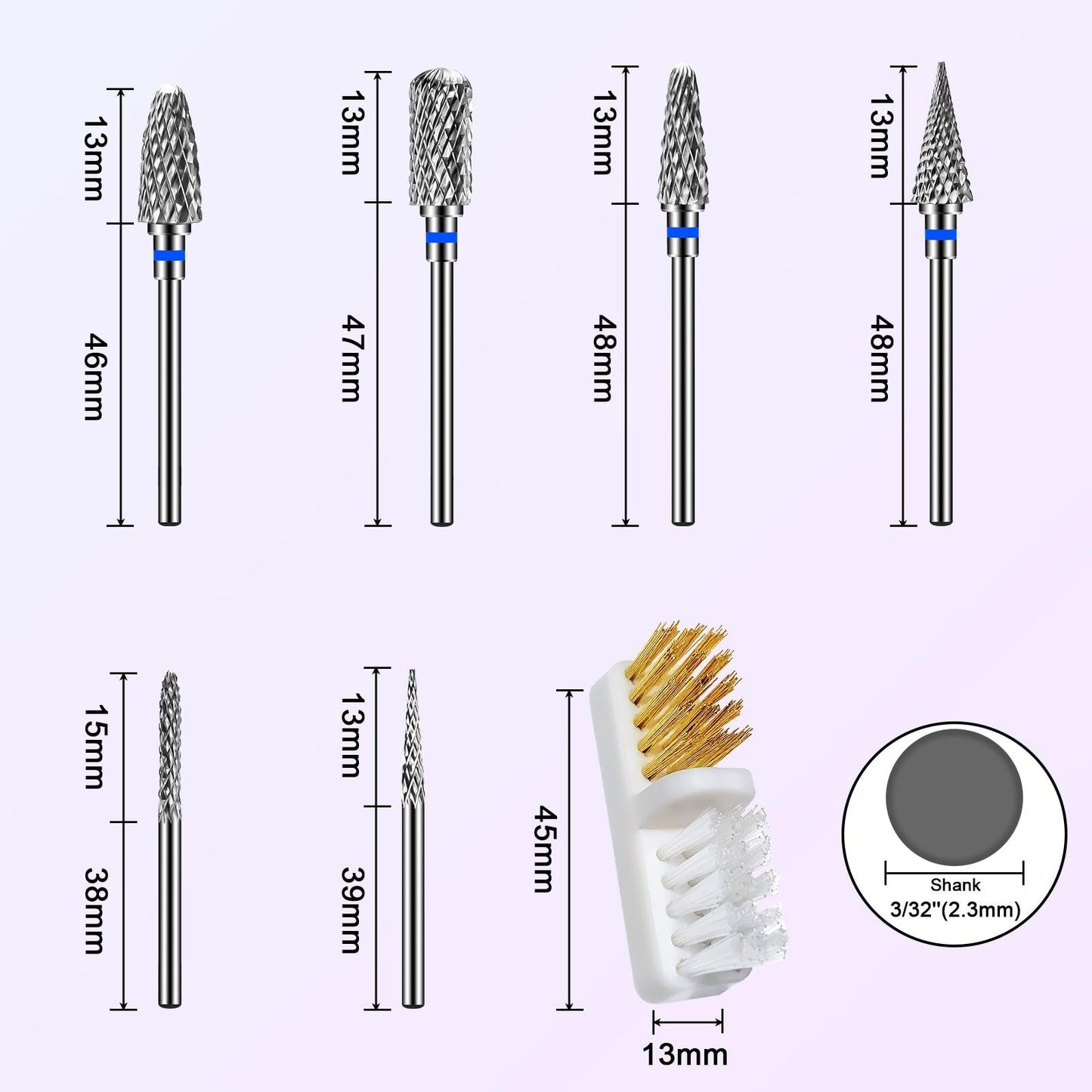 Diesisa 6 Pack Nail Drill Bits for Acrylic Nails, 3/32" Shank Drill Bits for Nails Professional Electric Cuticle Drill Bit, Cuticle Cleaner Nail Gel Polish Remover Tool for Home Salon Nail Bits-Blue