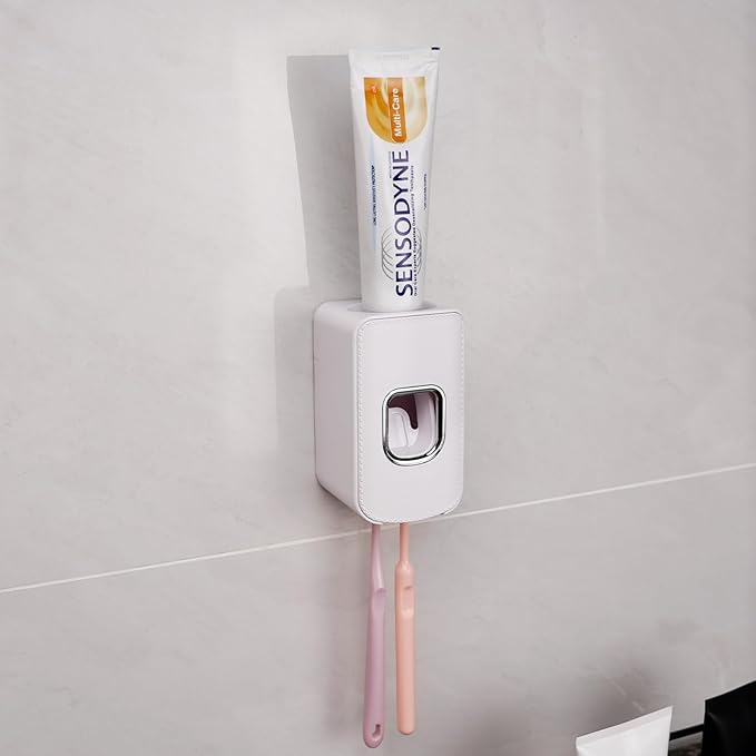 2 Slot Plastic Toothbrush Holder and Toothpaste Dispenser Wall Mounted, Automatic Toothpaste Squeezer, 2 in 1 Tooth Brush Toothpaste Organizer for Shower (White)