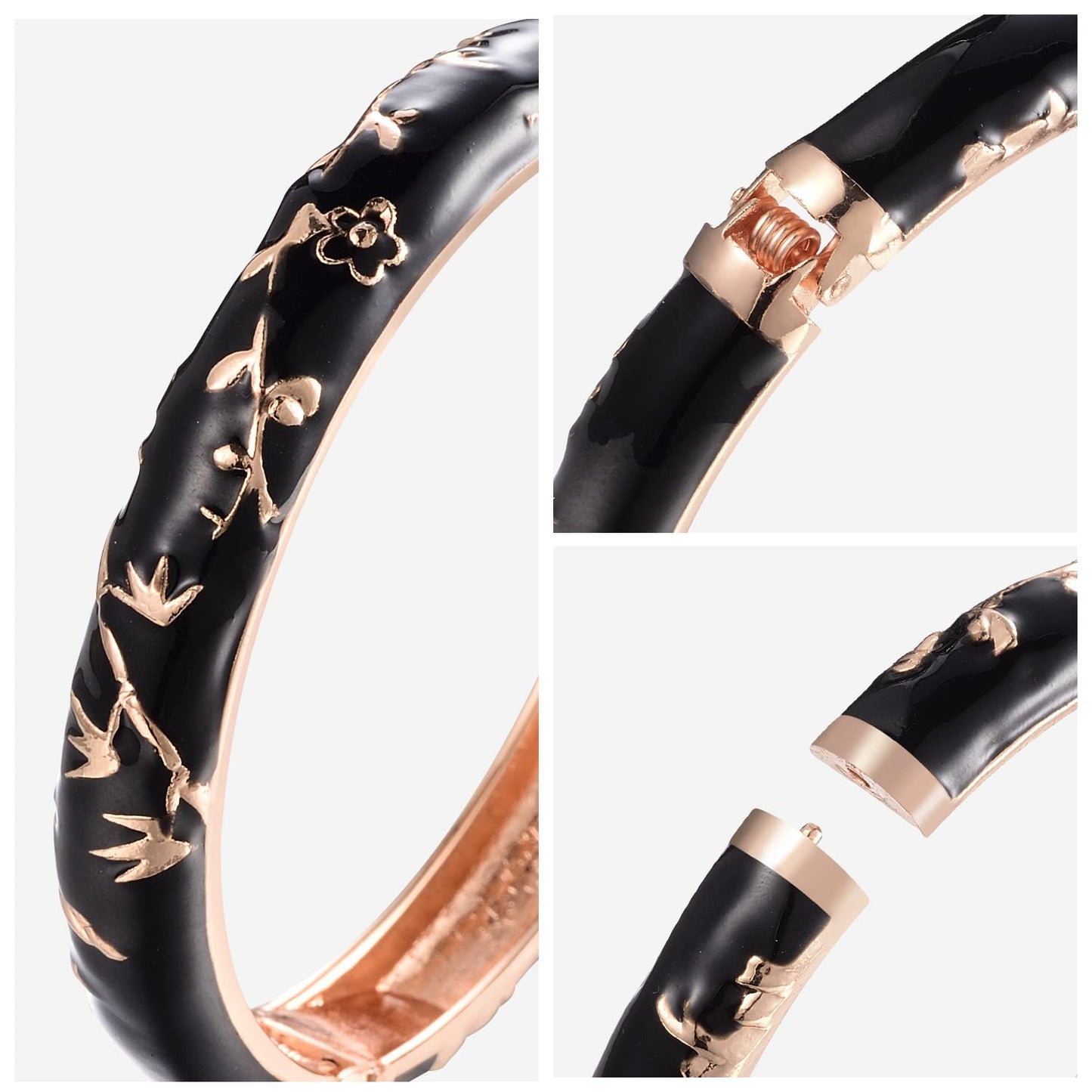 UJOY Flowers Bracelet Multi-Colors Cloisonne Wedding Jewelry Gift Women Enameled Bangles Opening Hinged 55A117 Bamboo Black