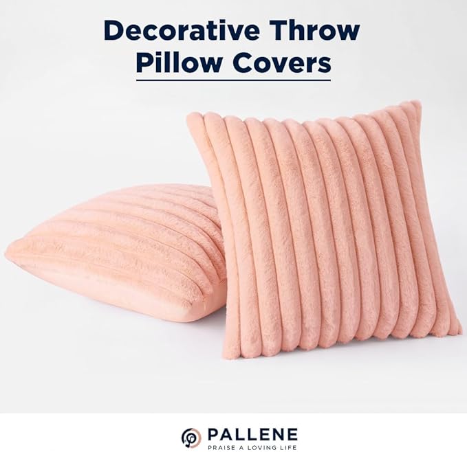 Pallene Faux Fur Plush Throw Pillow Covers 16x16 Set of 2, Luxury Soft Fluffy Striped Decorative Pillow Covers for Sofa, Couch, Living Room, Pink