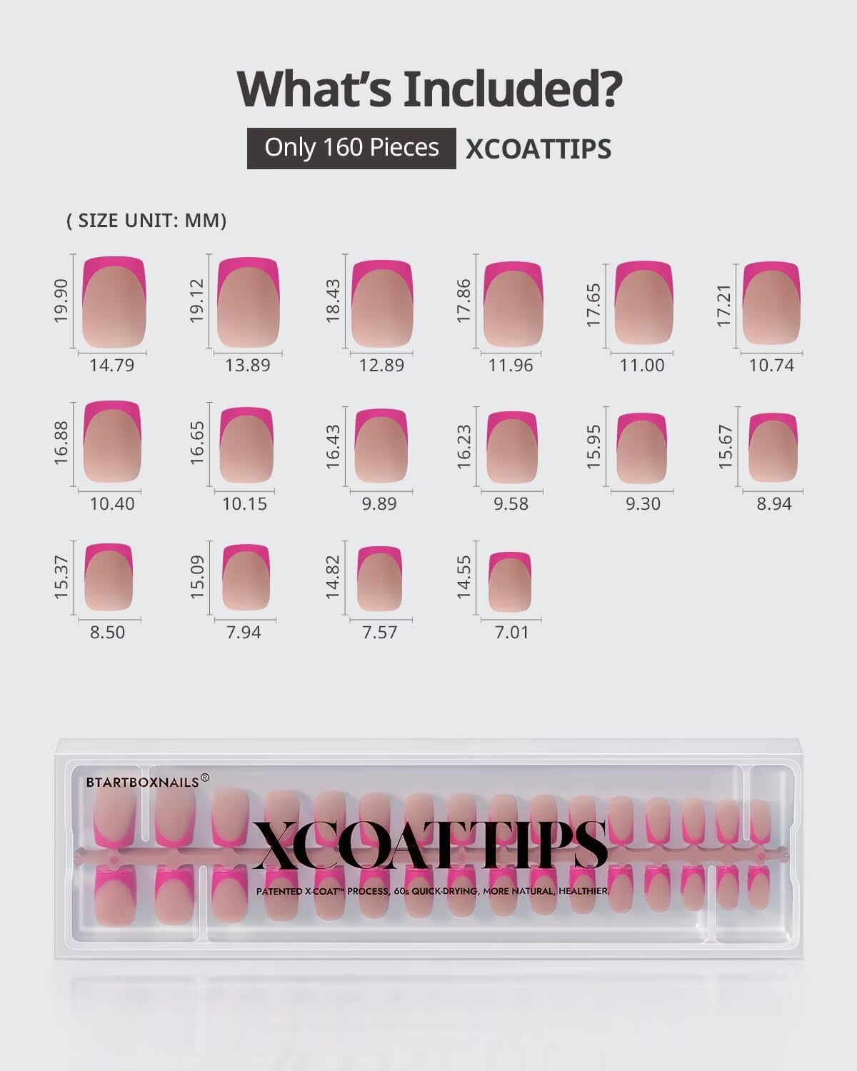 BTArtboxnails XCOATTIPS Press On Nails Short - 5 Pink Shades & 160PCS Square French Tip Nails, Soak Off Soft Gel Nail Tips Salon Quality Gel Nail Extensions in 16 Sizes