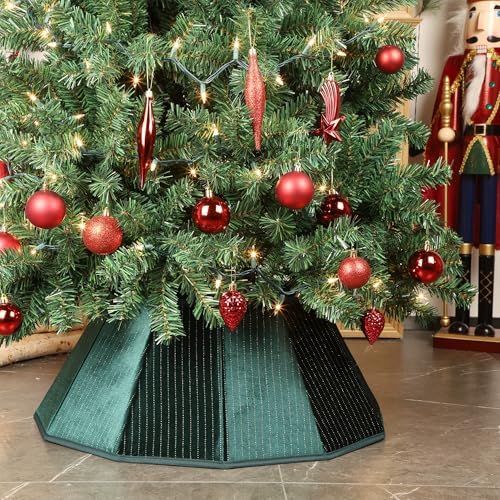 Blissun Christmas Tree Collar, Velvet Foldable Christmas Tree Ring with Golden Dotted line, Christmas Tree Skirt for Artificial Christmas Trees Decoration, Green