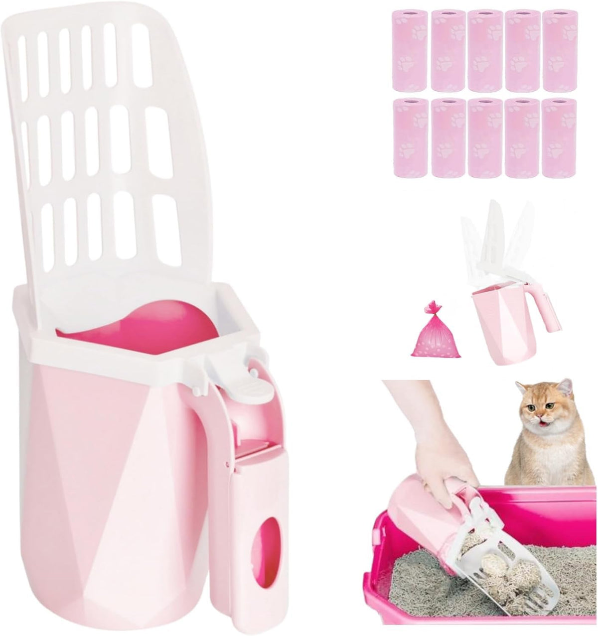 Cat Litter Scooper with Holder, 150 Poop Bags & Built-in Storage Box, Blue