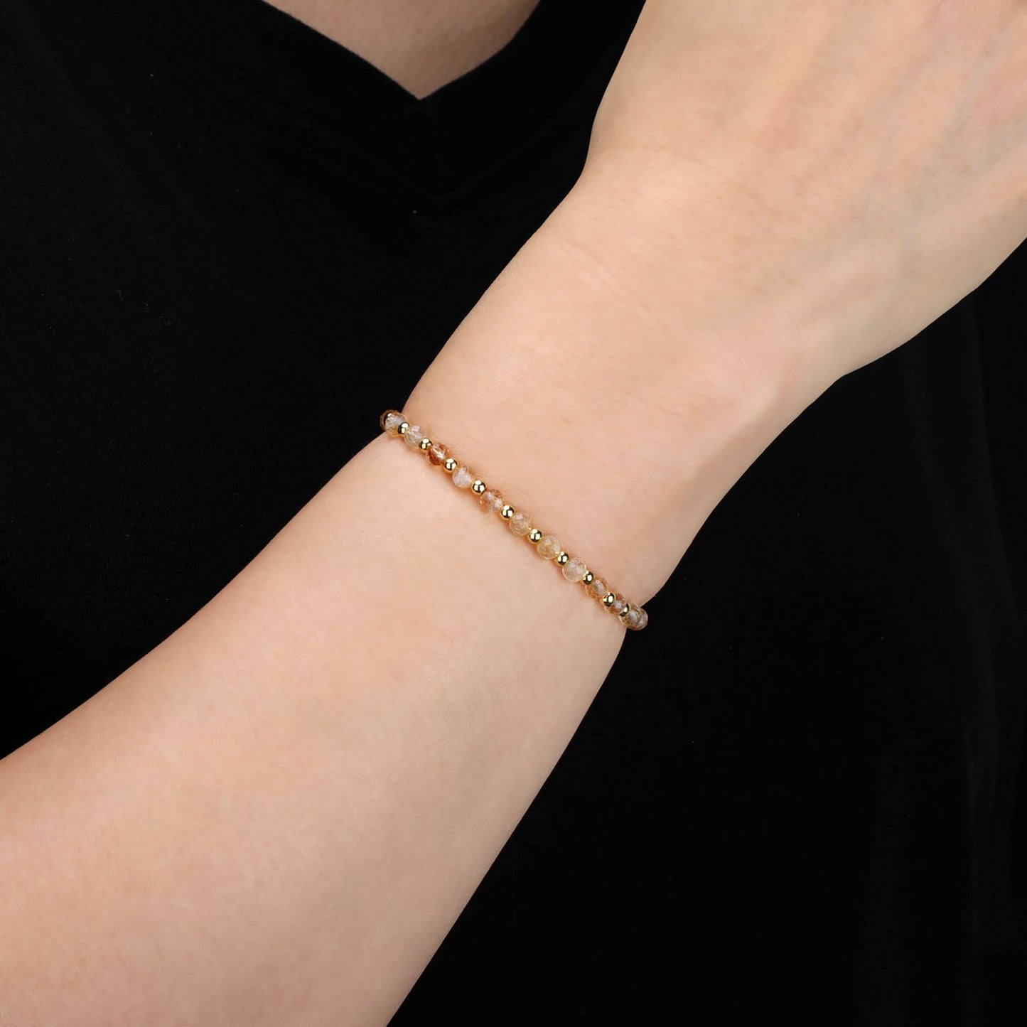 QOGIR Citrine - Stone of Wealth - 14K Gold Plated Beads Natural Gemstone Stretch Elastic Dainty Healing Beaded Bracelets Gifts 4mm