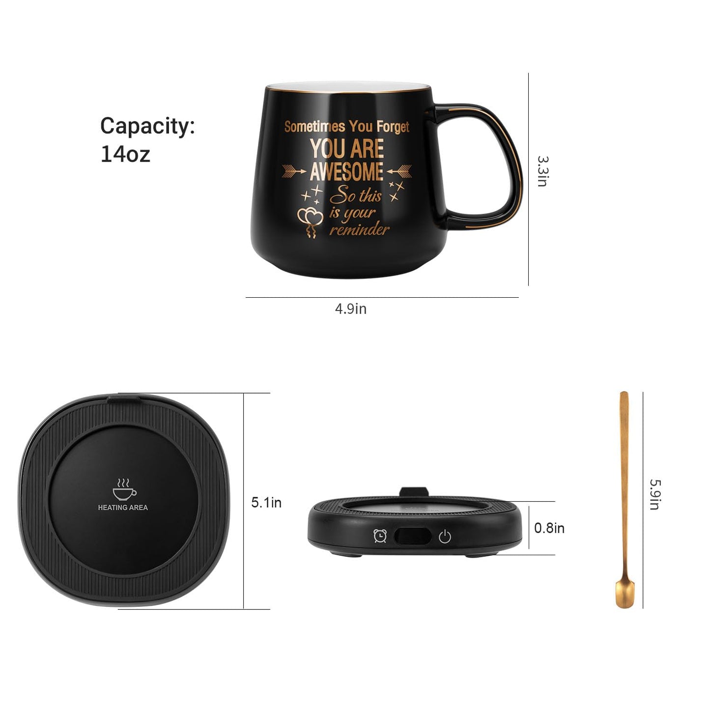 Coffee Mug Warmer & You are Awesome Mug Set, Electric Cup Warmer with Auto Shut Off, 4 Temperature Setting Smart Beverage Warmer, 8-Hours Auto Shut Off (Black Awesome Mug)