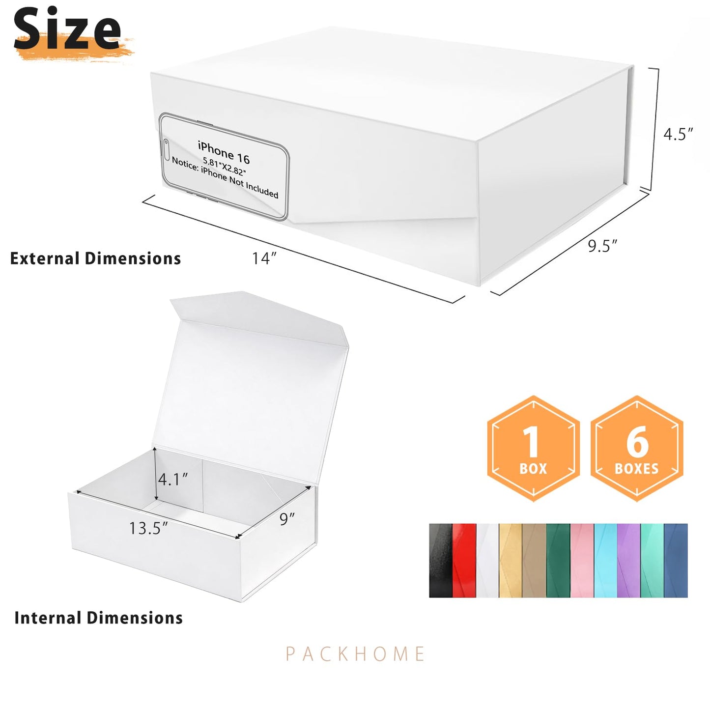 PACKHOME Mothers Day 6 Large Gift Boxes with Lids 13.5x9x4.1 Inches, Sturdy Collapsible Gift Boxes with Magnetic Closure (Glossy White)