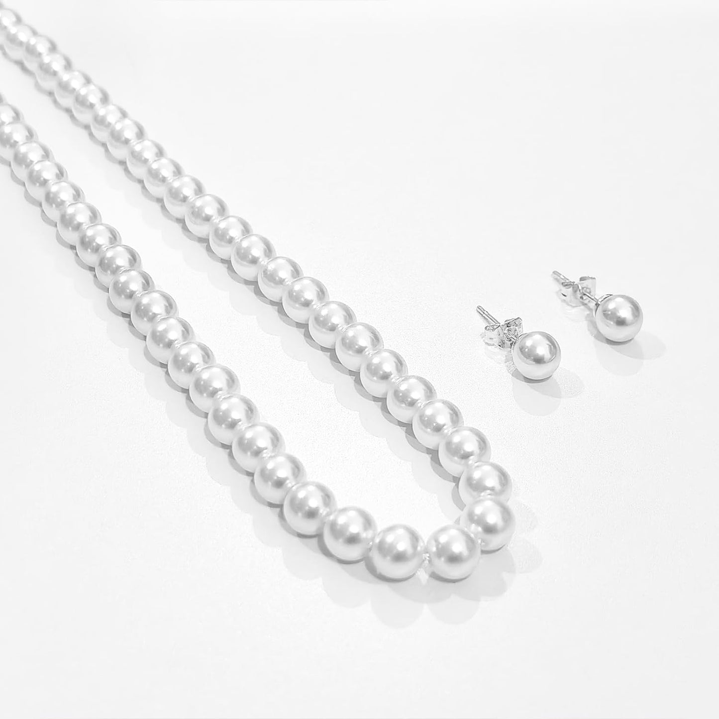 Zeffy Pearl Necklace and Earring Set for Women, 2PCS White Round Faux Pearl Necklace Earring Set, Jewelry for Brides