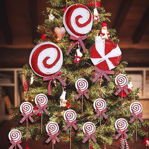 Wettarn 12 Pieces Christmas Candy Tree Picks with Ribbon Christmas Decorations 5.9" & 14.5" Glitter Lollipop Candy Canes Ornaments for Xmas Tree Topper Home Vase Party Ornaments(Red)