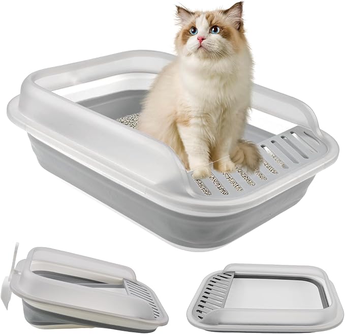 kathson Collapsible Kitten Litter Box,Foldable Anti-Splashing Small Kitty Litter Box Low Entrance Cat Potty Pan with Falling Sand Pedal Waterproof Portable Cat Toilet for Kittens (Blue)