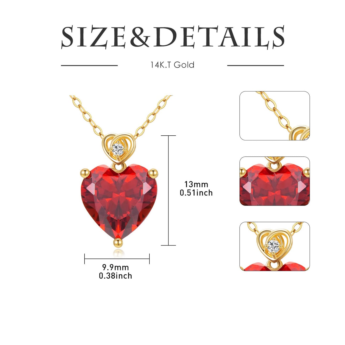 NFYBD 14k Gold Love Heart Garnet Birthstone Pendant Necklace for Women 3 Carat Heart-cut Created Gemstone Anniversary Birthday Mother's Day Necklaces for Her 16+1+1 inch-Jan