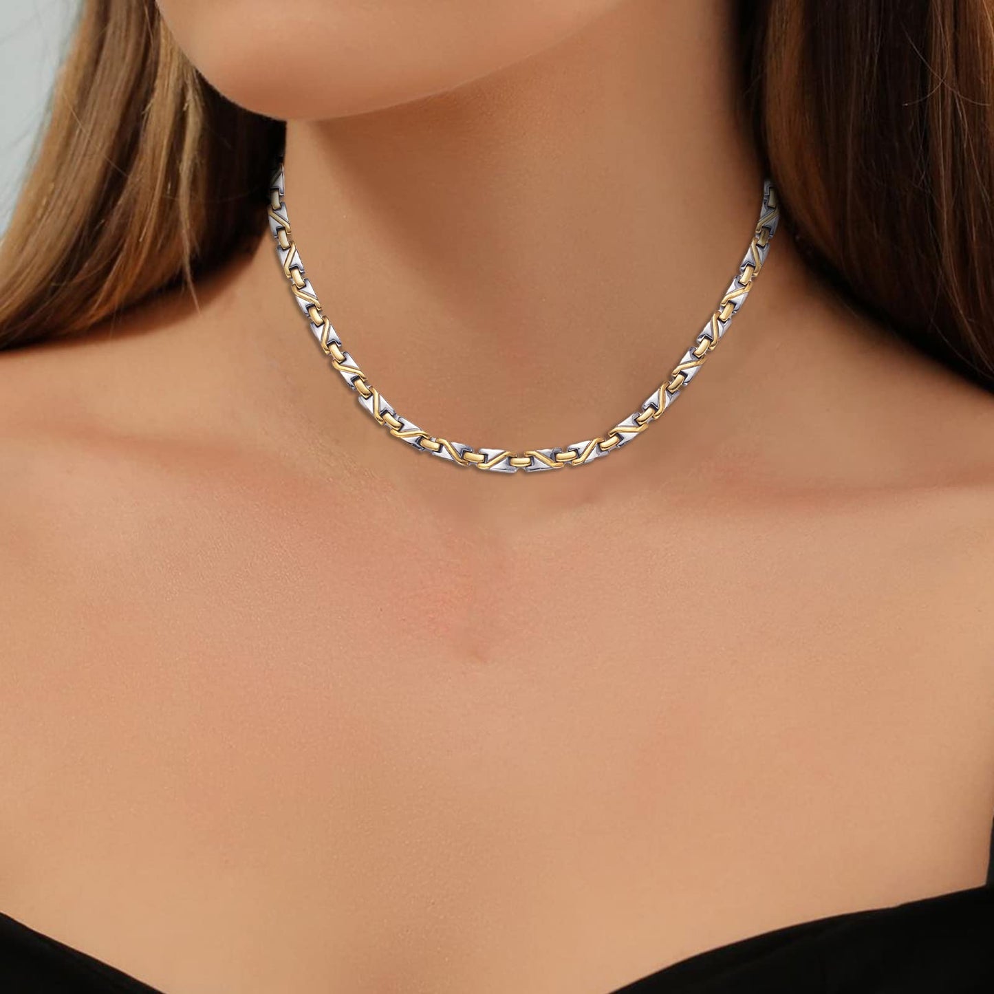 EnerMagiX Titanium Gold & Silver Gradient Magnetic Necklace for Men & Women, Fashion Jewelry