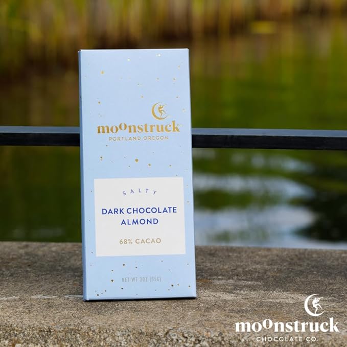 Moonstruck Chocolate Dark Chocolate Bar with Sea Salt and Almonds, 68% Cacao, 3.0oz (Pack of 12)