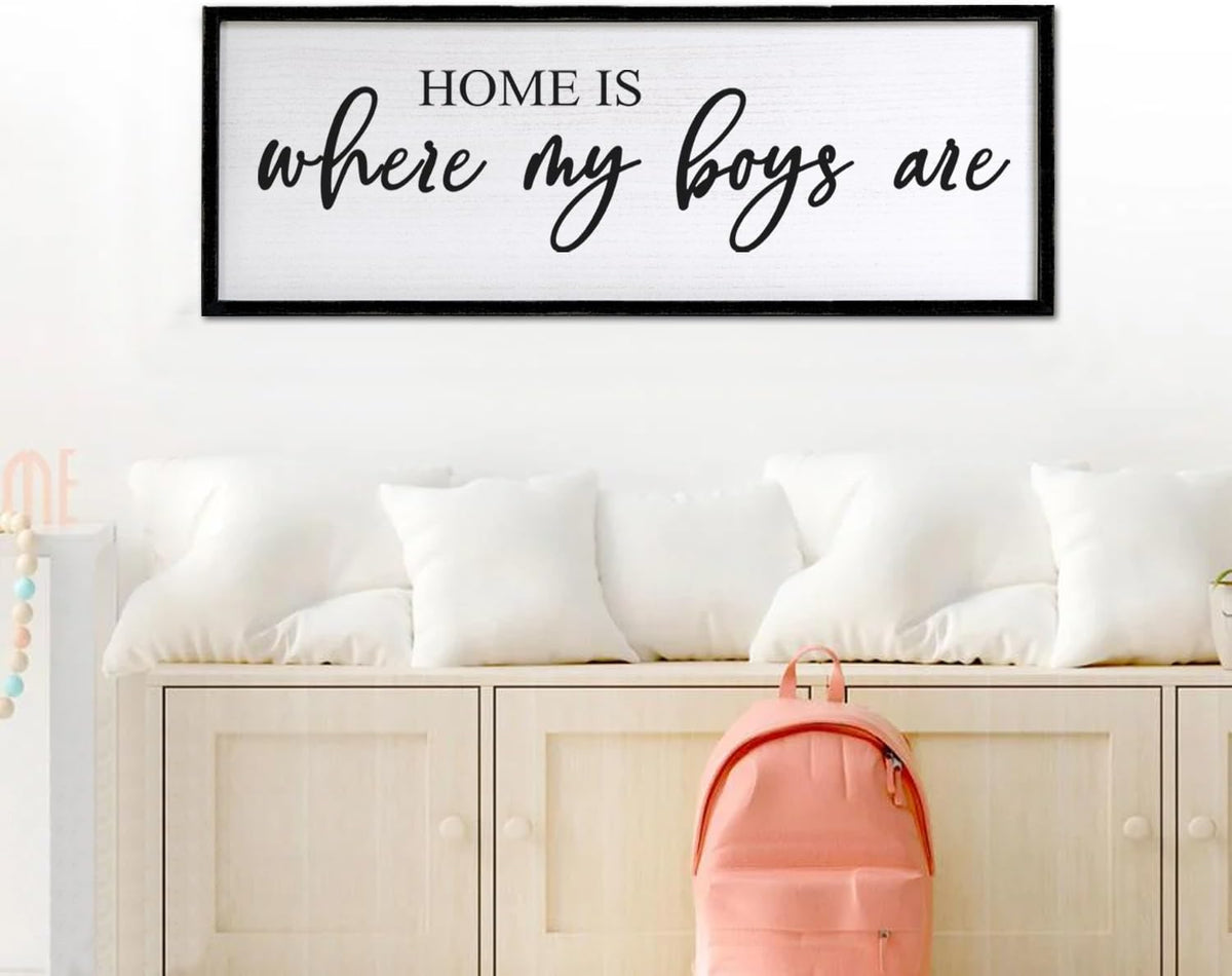 Home is Where My Boys are Sign Framed Wall Art, 40''×15'' Rustic Horizontal My Son Plaque with Black Frame for Baby Kid Boy Son Teen Toddlers Room, Horizontal Mom of Boys Gifts Nursery Decor