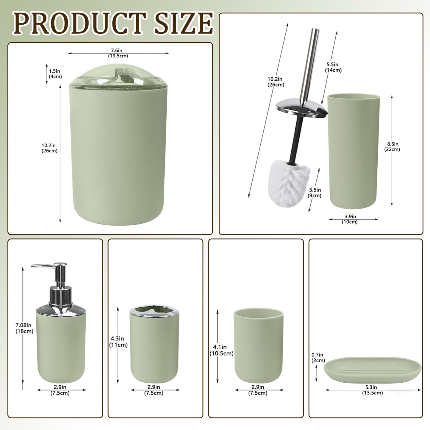 CERBIOR Bathroom Accessories Set 6 Piece Bath Ensemble Includes Soap Dispenser, Toothbrush Holder, Toothbrush Cup, Soap Dish for Decorative Countertop and Housewarming Gift (Green)