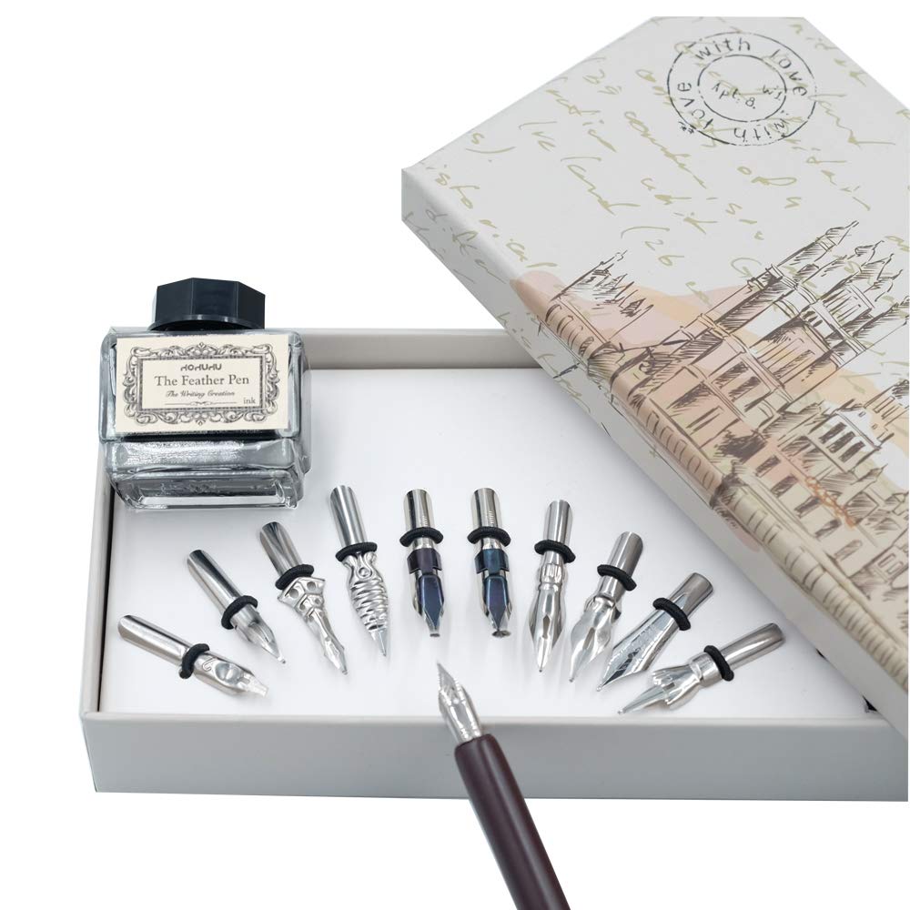 hhhouu Calligraphy Set for Beginners Quill Pen and Ink Set Fancy Pens with Black Ink and 11 Nibs for Lettering,Drawing, Journaling, Signing, Invitation HO-Q-301