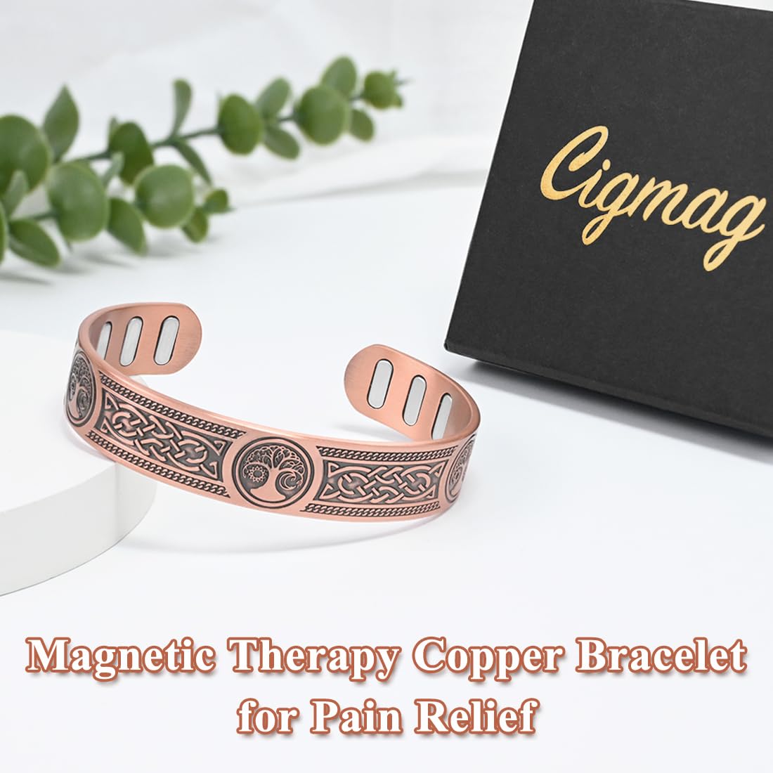 Cigmag Copper Bracelet for Men, with Powerful 9X 5000 Gauss Magnets, Adjustable Solid Pure Copper (Viking Sun Moon Life Tree)