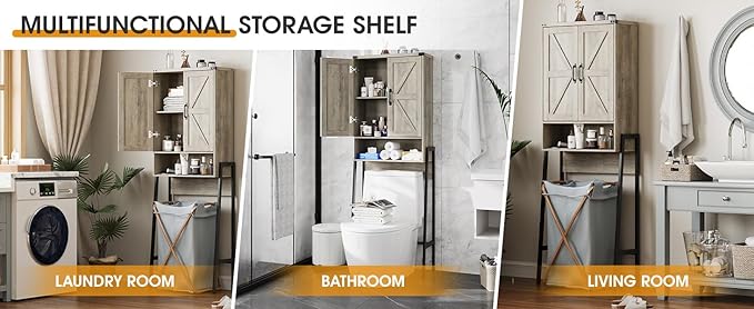 Vabches Over The Toilet Storage Cabinet with 2-Door Design Bathroom Organizers and Storage with Anti-Tip Device Over Toilet Organizer with Shelves for Bathroom,Restroom,Laundry Grey