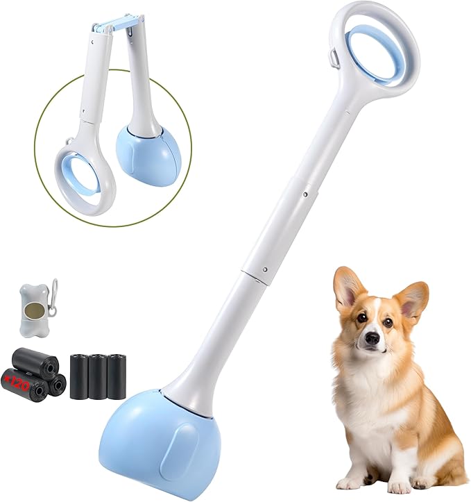 NYEONHRT Dog Pooper Scooper Portable with Bag Attachment, One Handed Foldable Design, Includes 120 Waste Bags and Dispenser, 19 Inch Handle for Grass Yard Gravel Cleanup (Purple)
