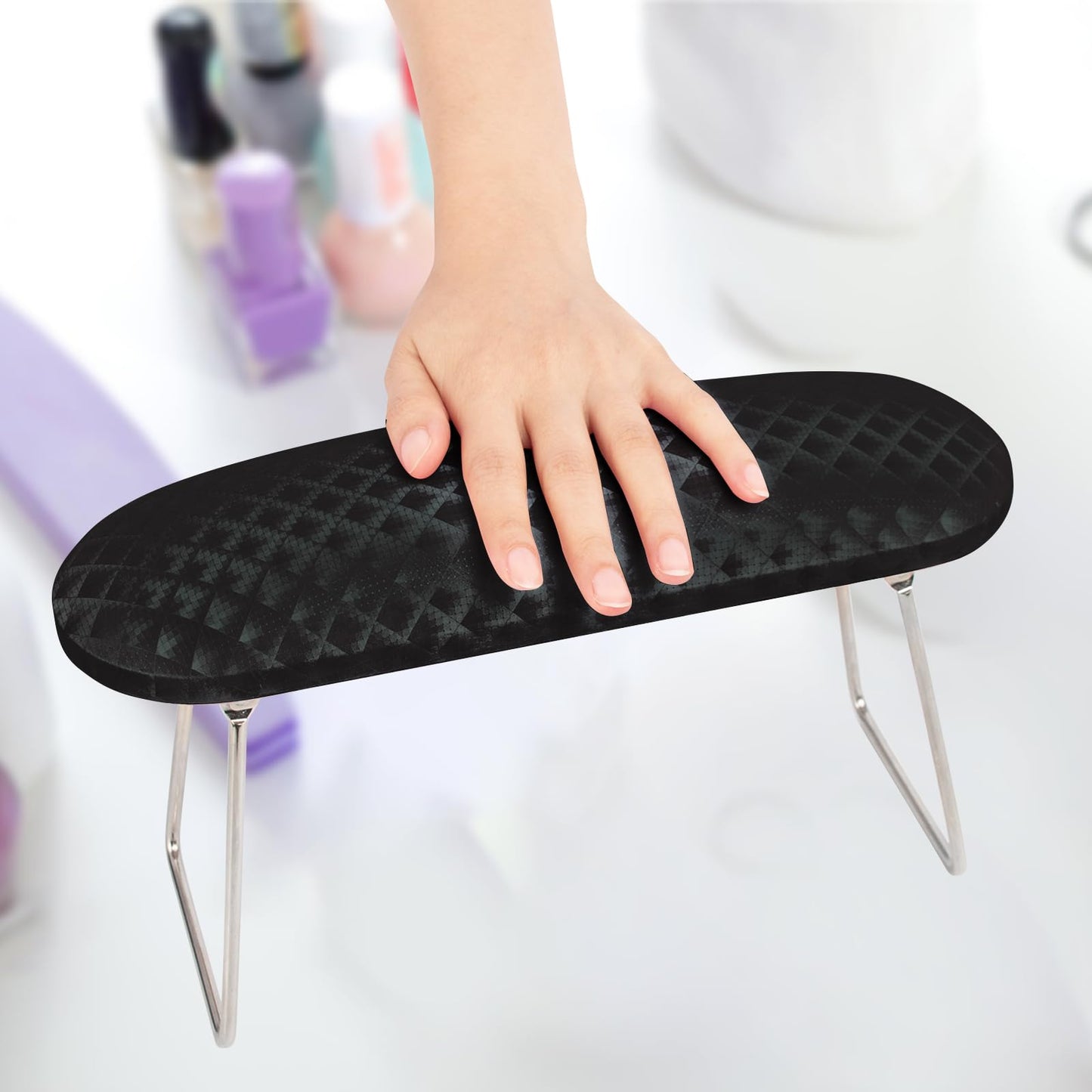 Krofaue Arm Rest for Nails Tech, Professional Microfiber Leather Nail Hand Rest Stand Arm Rest for Acrylic Nails Cushion Hand Holder with Non-slip - Nail Technician Use Must Have (Black)