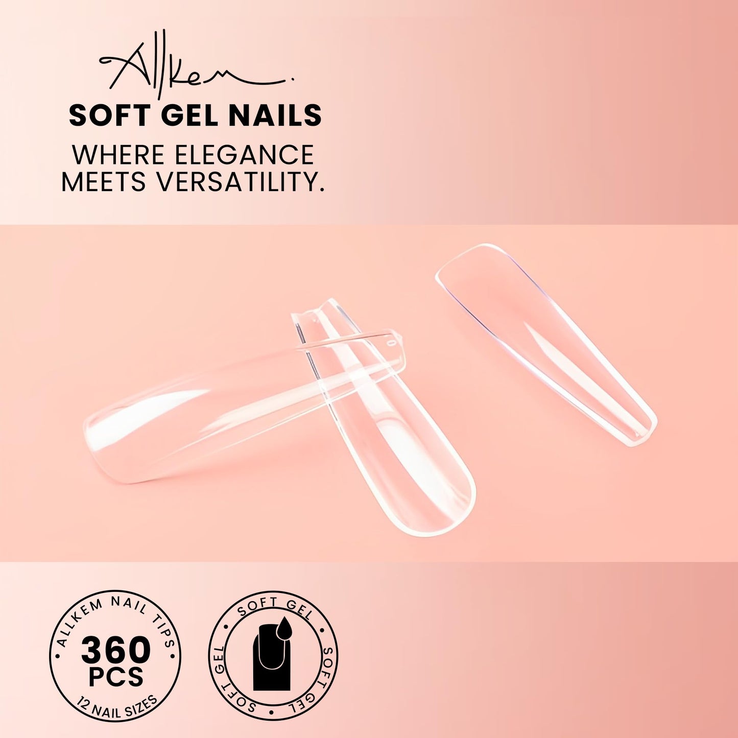 Allkem Soft Gel Nail Tips - 360 pcs XXL Ballerina Nail Extensions Kit - 12 Sizes Extra Extra Long Full Cover Nails - Clear (360 Pieces)
