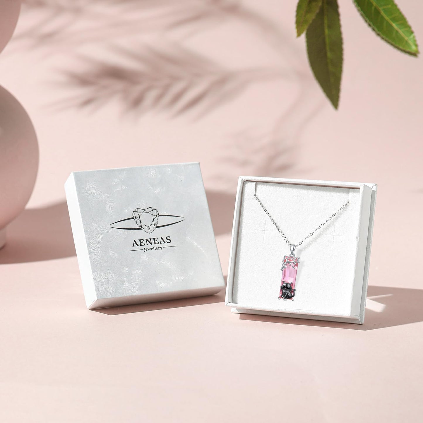 AENEAS Black Cat Necklace 925 Sterling Silver Cute Black Cat Pendant Necklace Pink Crystal Jewelry Gifts for Women Wife Daughter