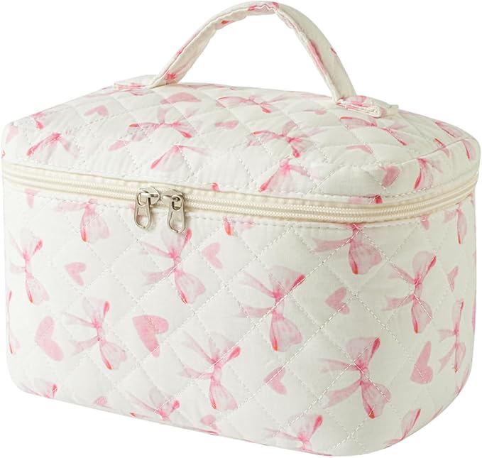 3Pcs Aesthetic Cotton Quilted Drawstring Makeup Bag Set, Aesthetic Cute Bow Makeup Pouch for Girls and Women, Aesthetic Travel Organized Cosmetic Bags for Purse(06Heart Bow)