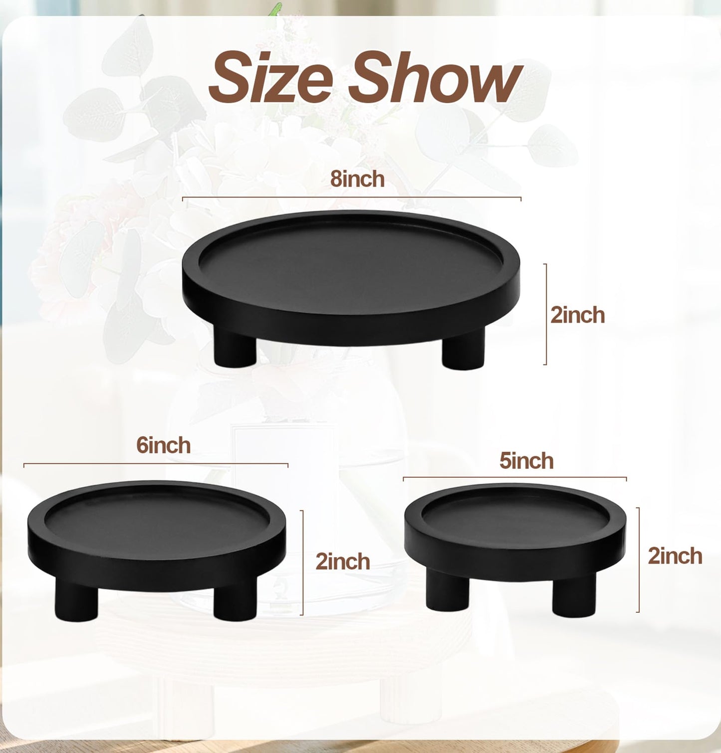 LINGXIANSENG 3 Pcs Wooden Risers for Display, Round Wood Riser Plant Stand 5/6/8" Pedestal Stand, Flower Pot Holder Small Planter Tray for Kitchen Home Décor (Black)
