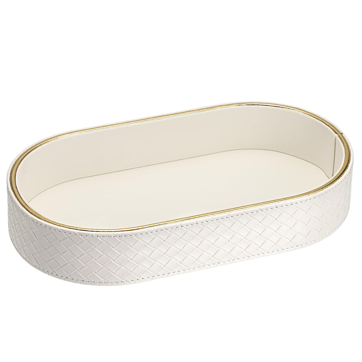 Hipiwe PU Leather Valet Tray with Gold Line Perfume Vanity Tray Catchall Tray for Jewelry Trinket Oval Bedside Nightstand Organizer for Home Decor, White