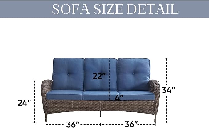 HUMMUH Outdoor Patio Couch-Outdoor Rattan Couch with Thick Cushions Outdoor Sofa for Deck Lawn Porch Balcony Poolside-Brown/Blue