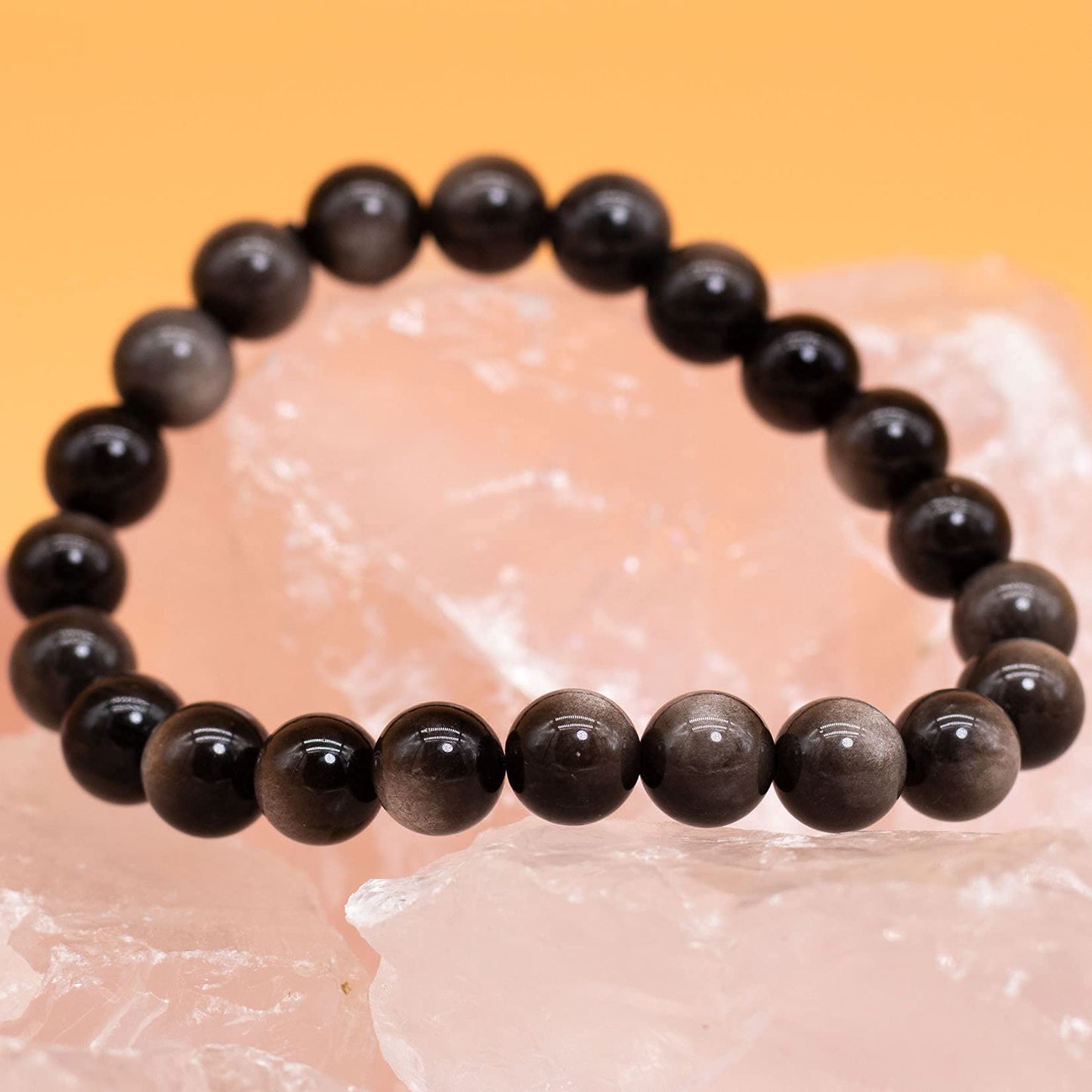 DAZCOLO 8mm Natural Gemstone Stretch Bracelet, Handmade Unisex Crystal Bracelets for Meditation, Yoga, Spiritual Healing & Positive Energy (Silvery Obsidian)