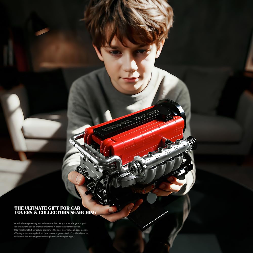 KMS 4G63 Engine Model Kit to Build, 1008 Pcs JDM Legend Car Engine Building Blocks Set for Adults, Miniature 4-Cylinder Turbo Motor Assembly Mechanic Display, Unique Gifts for Men and Teens