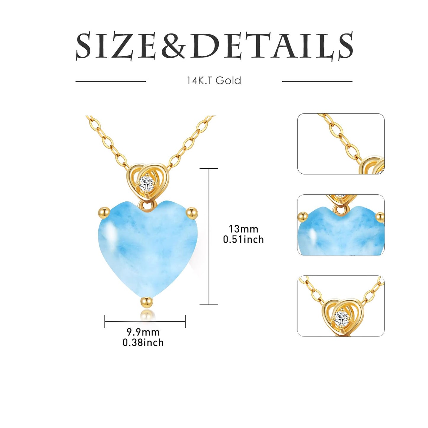NFYBD 14k Gold Love Heart Larimar Birthstone Pendant Necklace for Women 3 Carat Heart-cut Created Gemstone Anniversary Birthday Mother's Day Necklaces for Her 16+1+1 inch