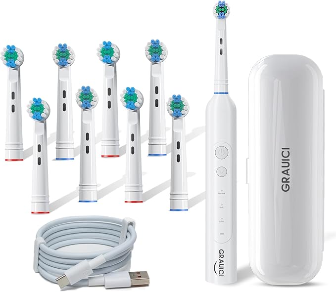 Deep Clean Rechargeable Electric Powered Toothbrush, Rechargeable Electric Toothbrush with 8 Brush Heads,Pressure Sensor to Protect Gums (White)