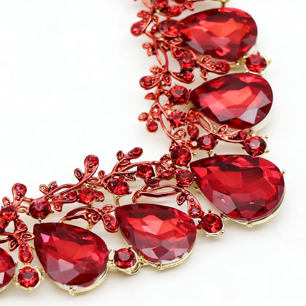 Qlavoca Vintage Crystal Teardrop Necklace Earrings Set - Gothic Statement Jewelry for Wedding Bridal Prom Party(Red-Gold Tone)