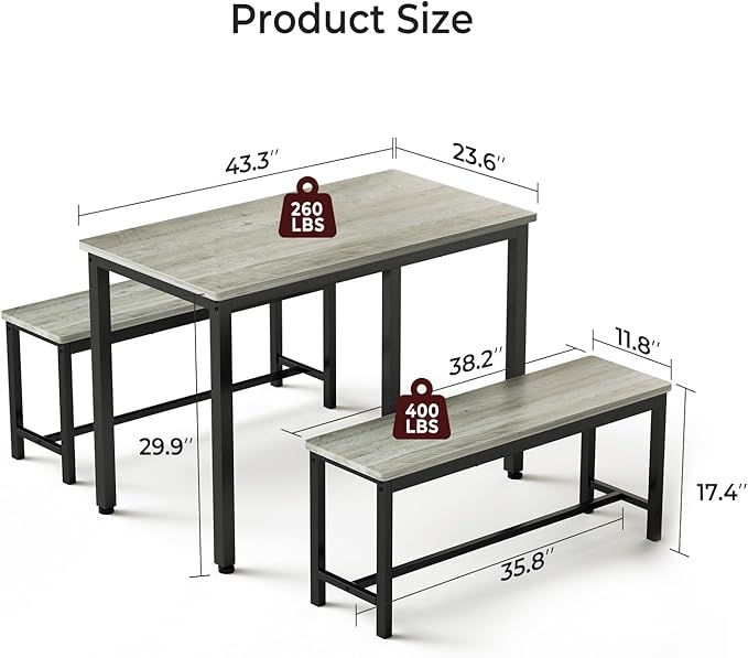 Tatub Dining Table Set for 4, 3-Piece Kitchen Table with 2 Benches, Space-Saving Dining Room Set for Breakfast Nook and Small Spaces, Grey