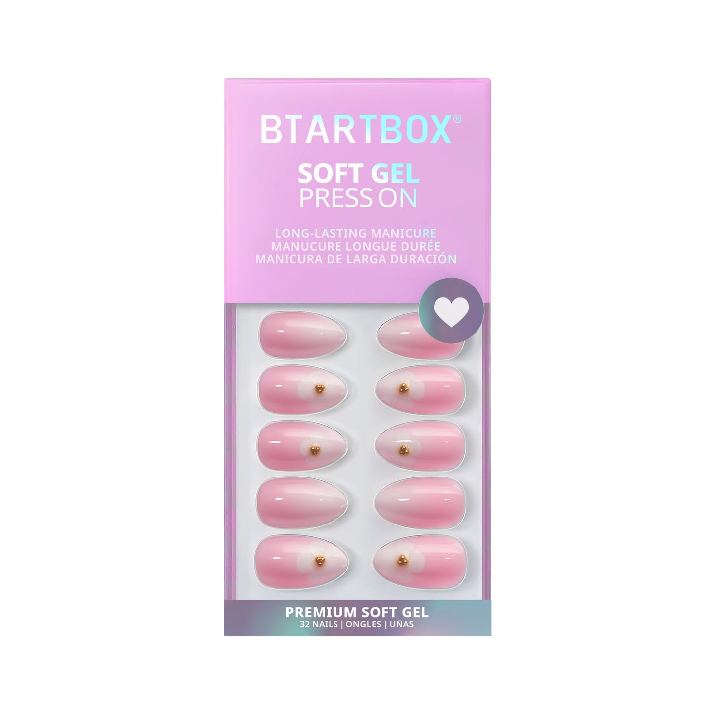 BTArtbox Press On Nails Short - Orchard Burst, Easy-to-Apply Omber Pink Almond Press On Nails with Glue and Adhesive Tabs in 16 Sizes - 32 Nails All-in-One Kit