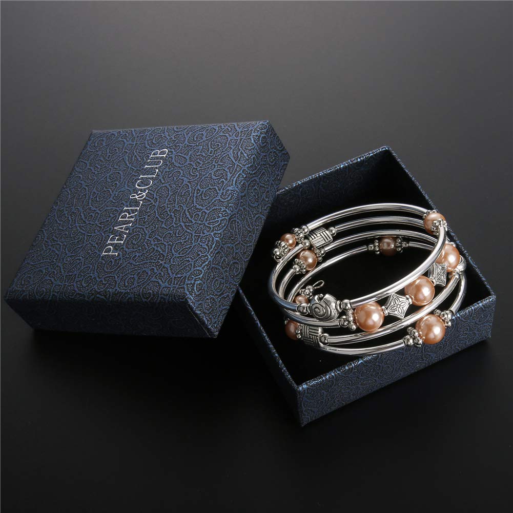 Beaded Pearl Bangle Wrap Bracelet - Fashion Bohemian Jewelry Multilayer Charm Bracelet with Thick Silver Metal Beads, Gift For Women(Champagne)