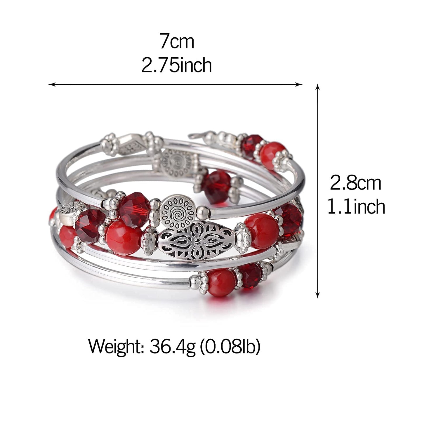 FULU AUTUMN Stackable Beaded Bracelets for Women Boho Wrap Silver Bracelet Layered Fashion Jewelry Gifts for Her(Red)