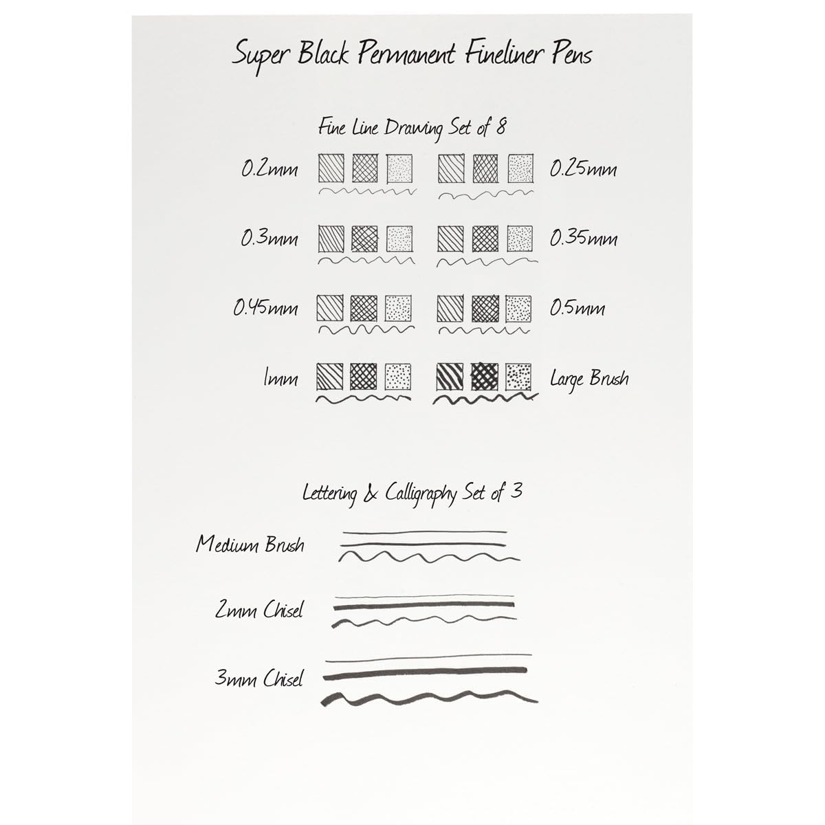 Creative Mark Calligraphy & Fineliner Pen Set of 3 Lettering & Calligraphy Drawing - Super Black, Permanent, Waterproof, & Acid-Free Chisel Nylon-Nibs Pens & Medium Brush Tip