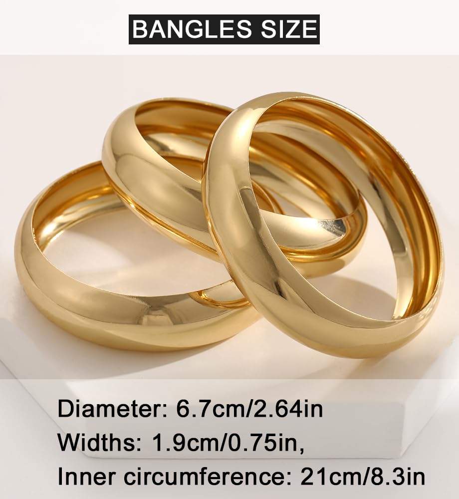 3PCS Chunky Gold Bangle Bracelets for Women, Dainty 14k Gold Plated Big Stackable Bangles Set, Trendy Cuff Bracelet Stack Fashion Jewelry Gifts
