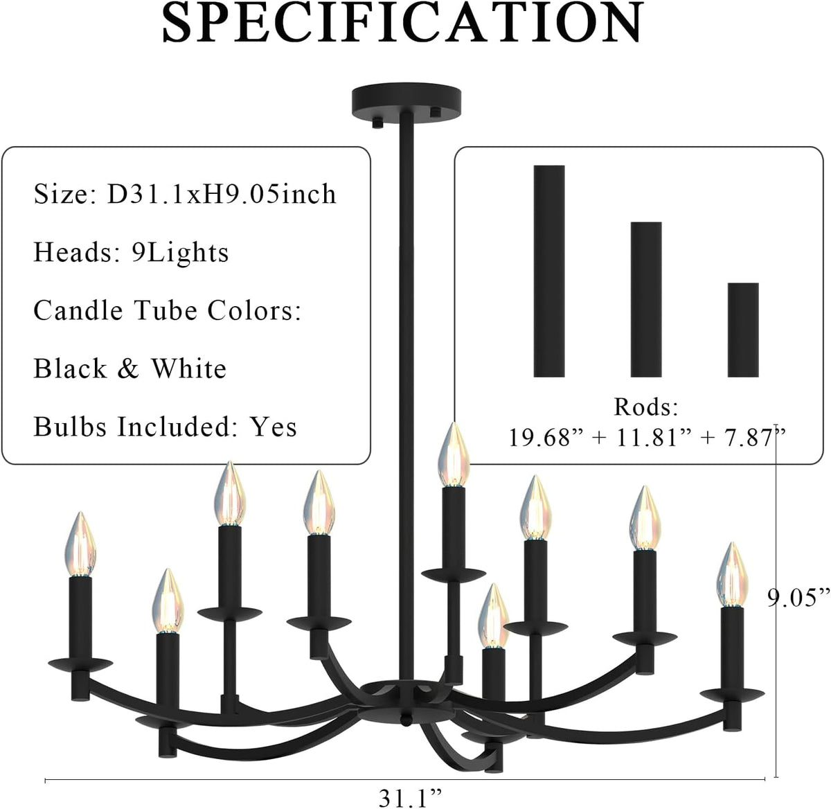 Round Black Chandeliers, Modern Candle Hanging Lights, LED Pendant Lighting Ceiling for Dining Room Bedroom Kitchen Island Farmhouse Living Room (Black-A 9Lights)