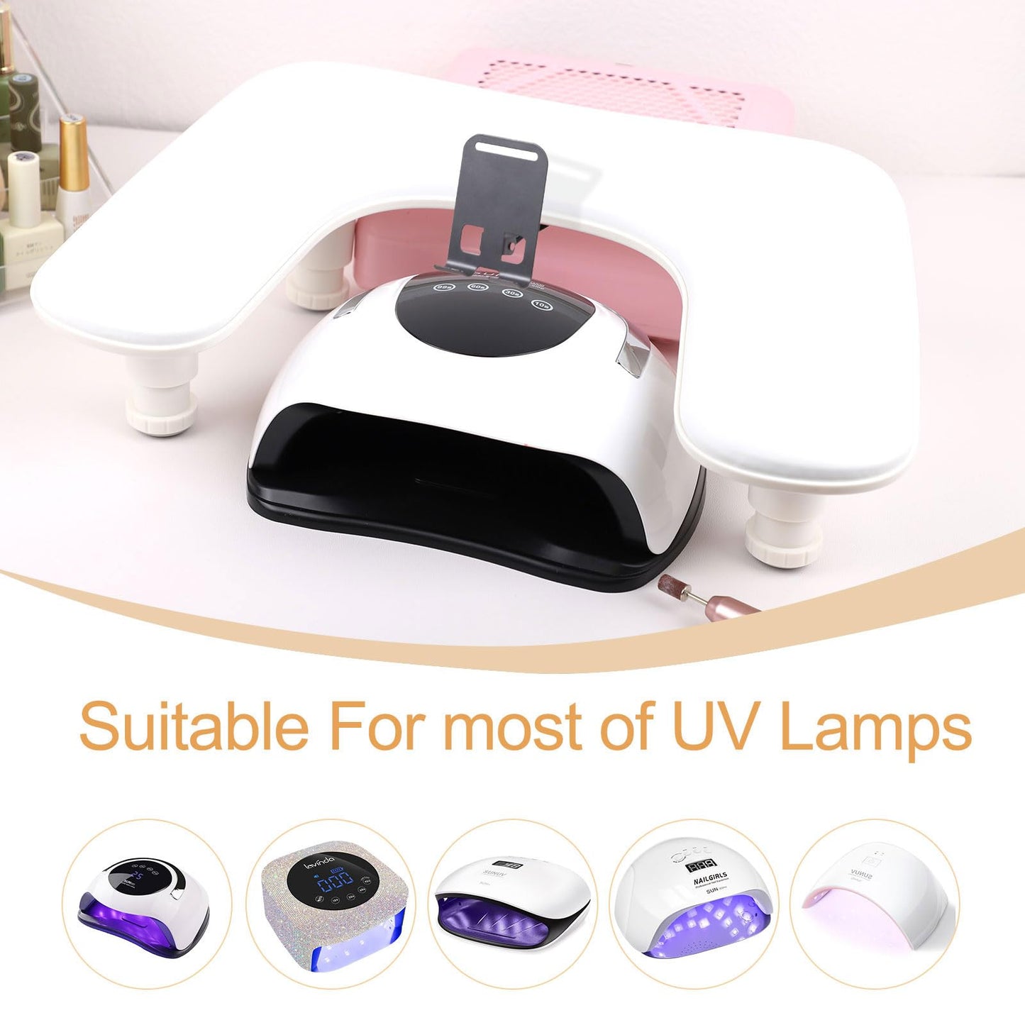 Arm Rest for Nails Tech with a Build-in Phone Holder,U shaped Adjustable Base Manicure Nail Hand Rest Stand Pillow Cushion (White)