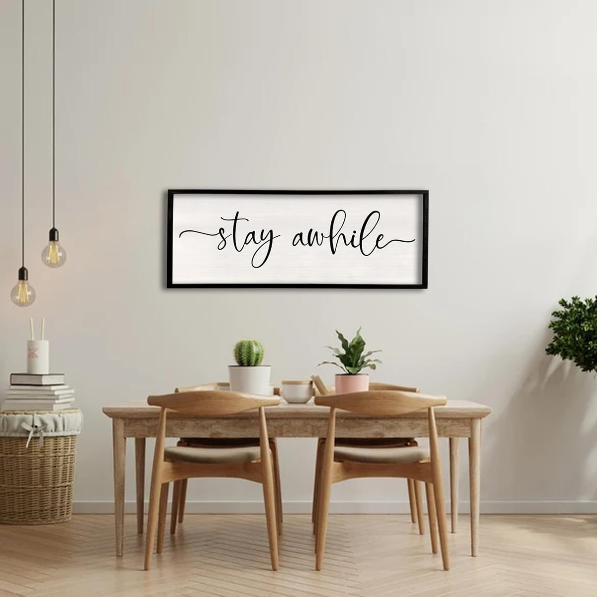 Stay Awhile Sign Wall Decor 32"X12" Large Solid Wood Frame For Hallway Living Room Entryway Farmhouse Wall Art Lets Stay Family Home Rustic Hanging Decoration (Black)