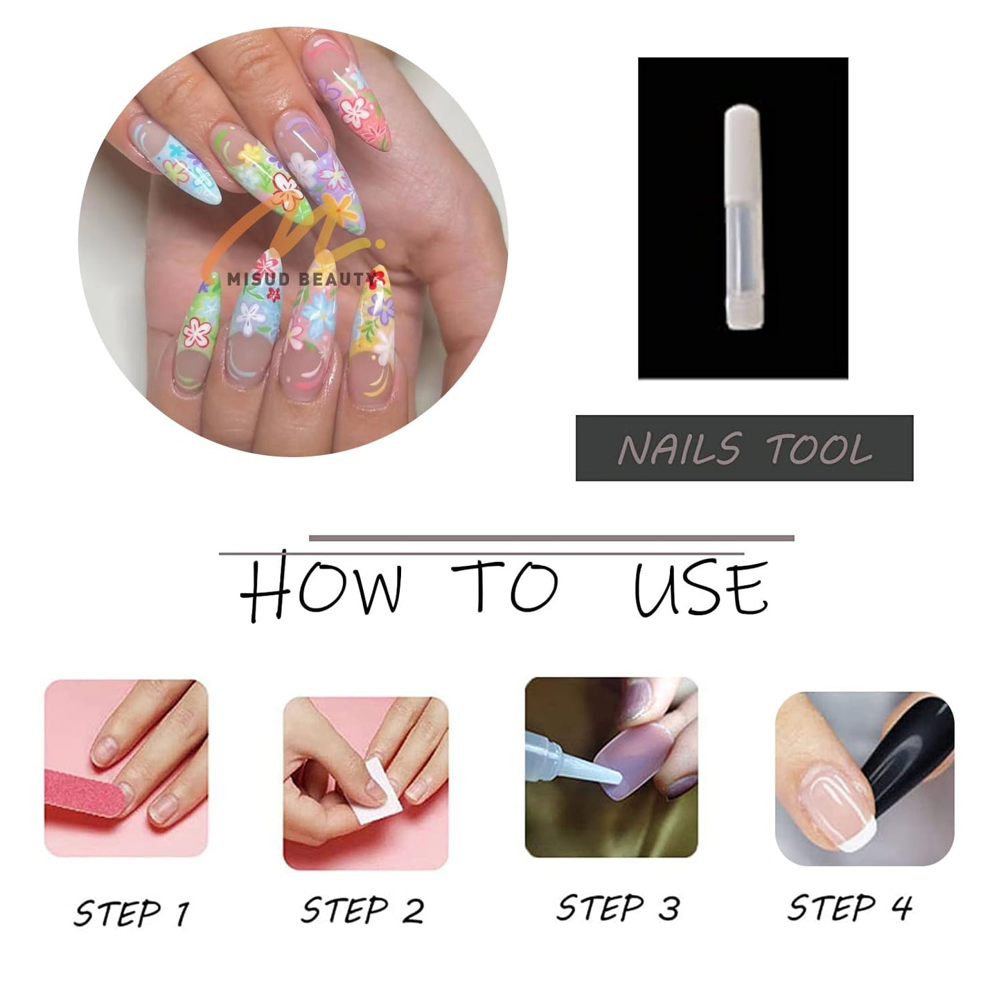 MISUD Press on Nails - Long Stiletto Fake Nails with Colorful French Tip, Acrylic Spring Summer Flower Design 24 pcs
