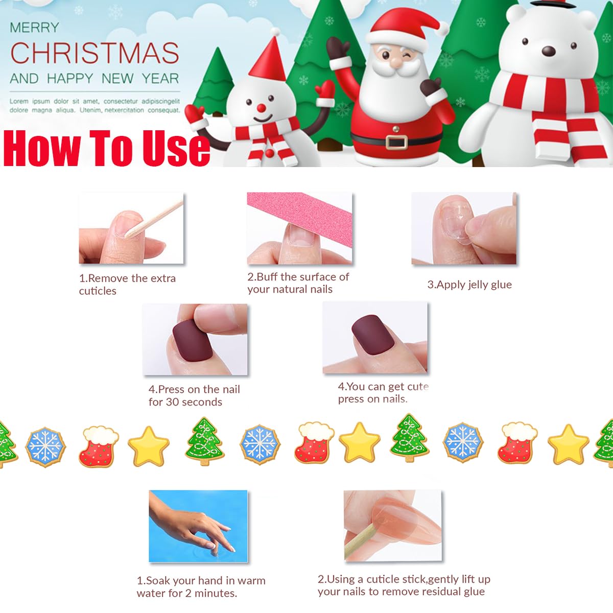 Christmas Press on Nails Long Square Fake Nails French False Nails with Designs Candy Cane Glitter Snowflake Glue on Nail Full Cover Acrylic Nails Winter Xmas Stick on Nail for Women 24Pcs