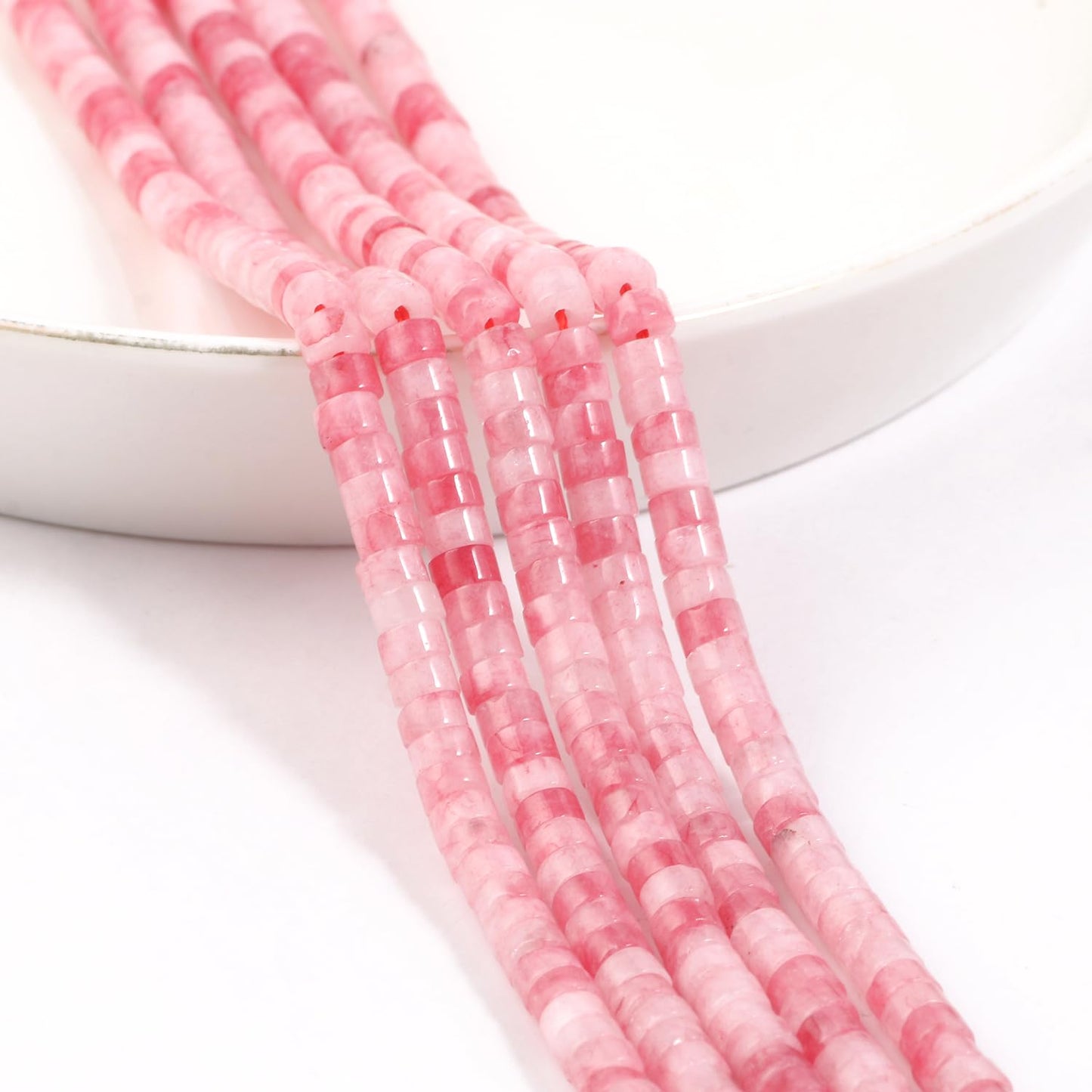 NITOPUPU 150Pcs 4×2mm Natural Pink White Jade Spacer Stone Beads for Jewelry Making Supplies, Loose Semi Flat Round Gemstone Tube Beads for Bracelets DIY Crafts