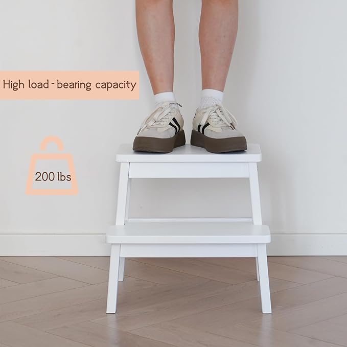 Adult & Child Wooden Two Step Stool ,Stepping Stool,Kids Step Stool Kitchen Step Stools for Bathroom– Perfect for Kitchen, Bathroom, Bedrooms & More (White)