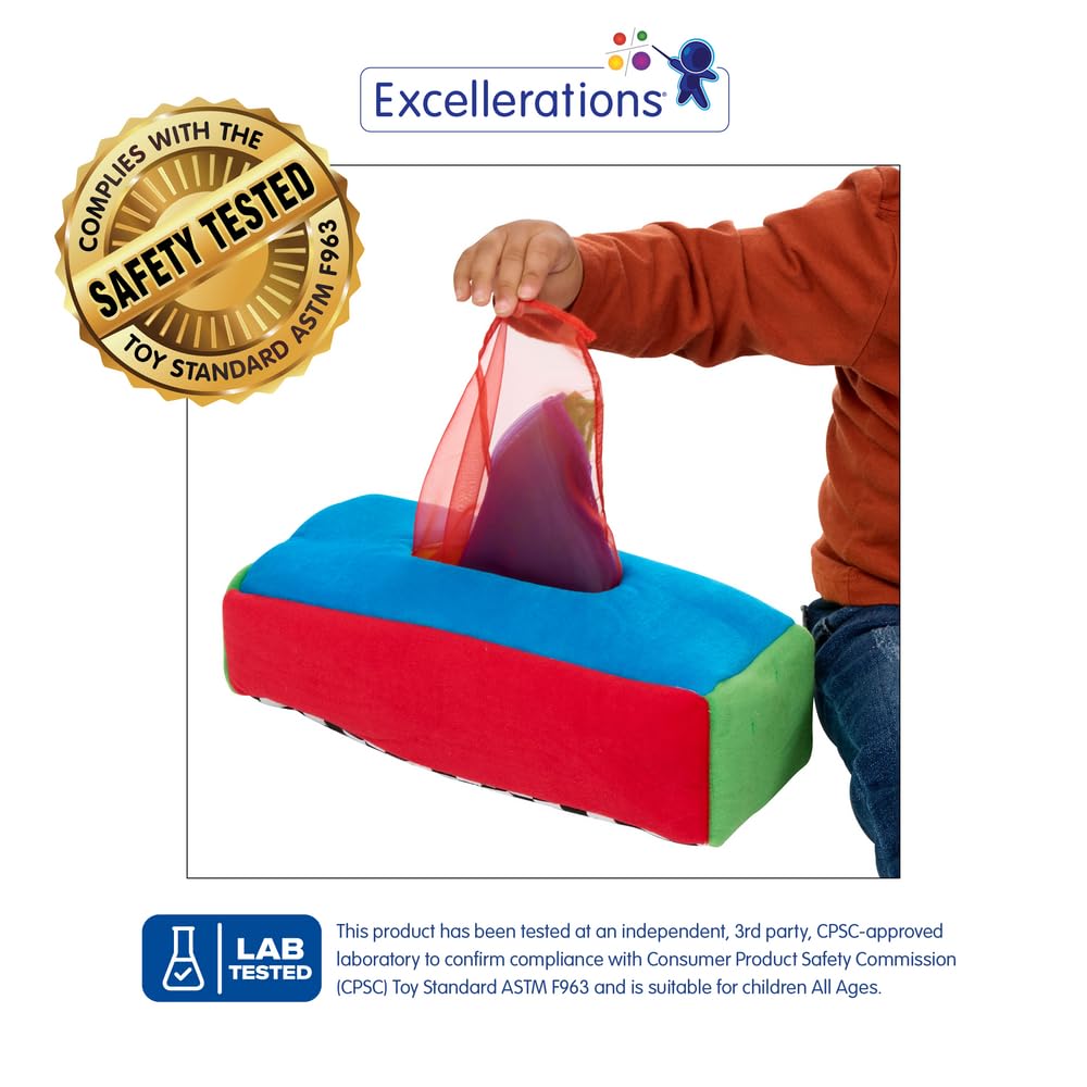 Excellerations Plush Pull & Play 12 inches L x 5-1/2 inches W x 3-1/2 inches H Tissue Box 12 Square Scarves for Children, Kids Educational Baby Toy, 9 Months and Up